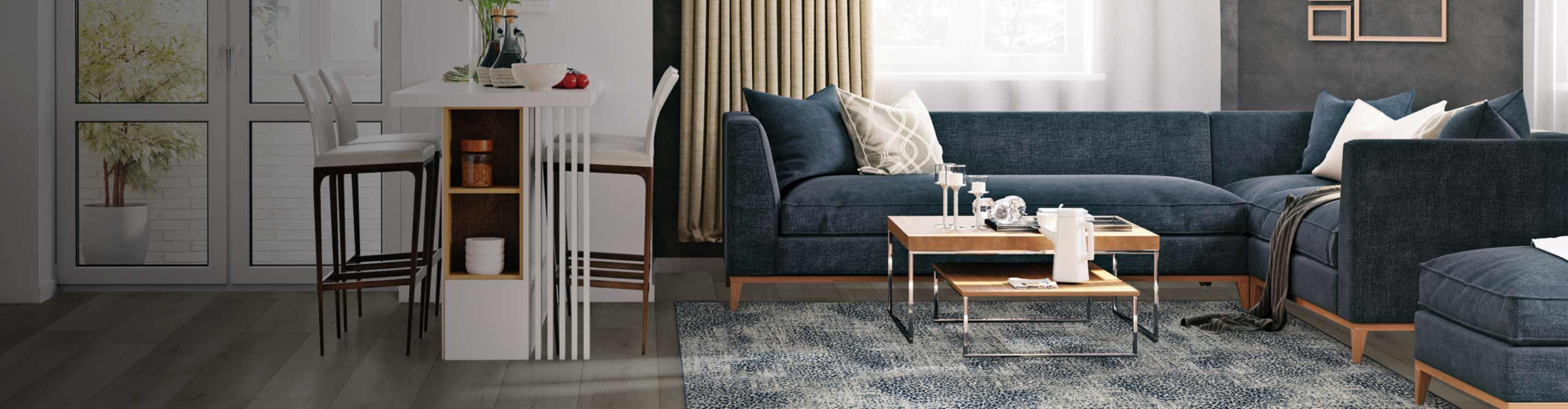 Blue and gray area rug in a modern living room